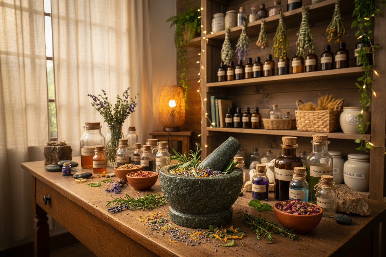 Morta and pestle in herbal clinic setting